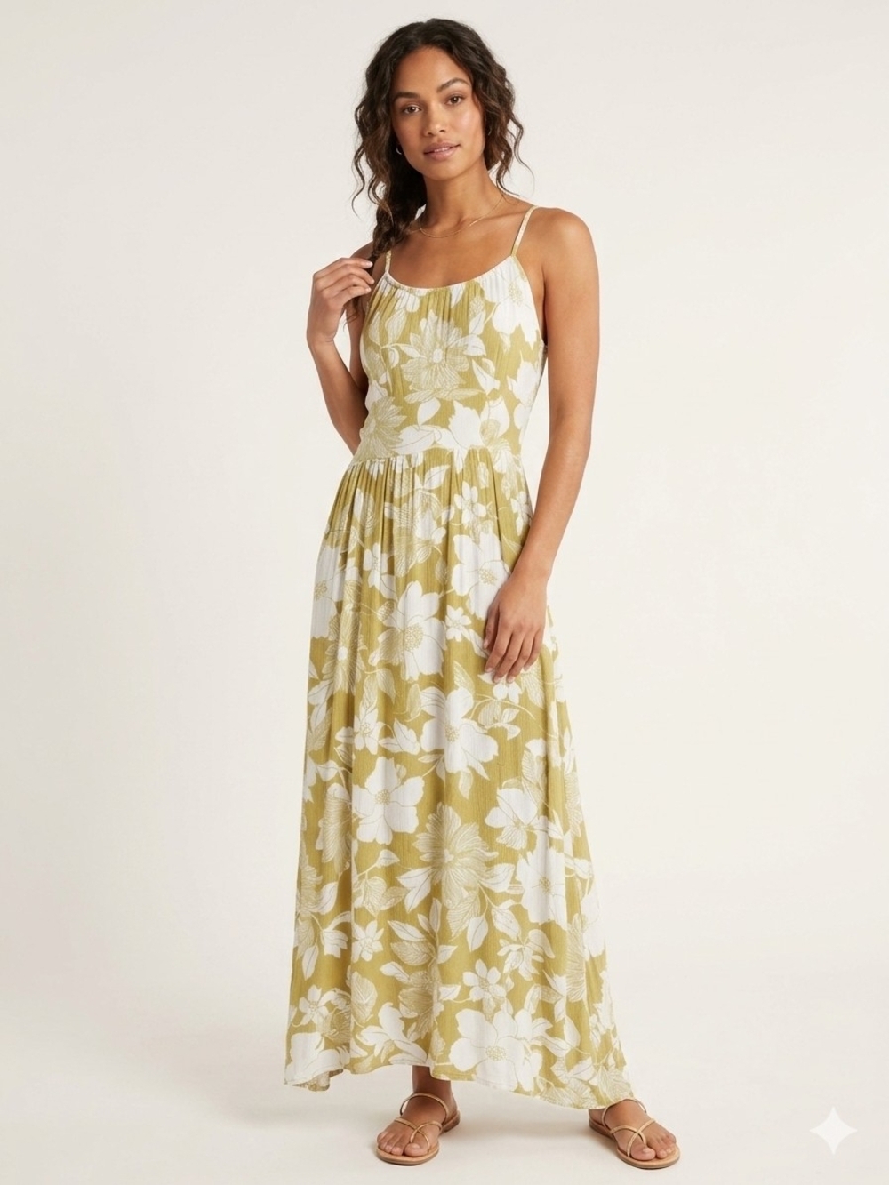 Billabong Olive and White Floral Spaghetti-Strap Maxi Dress XS